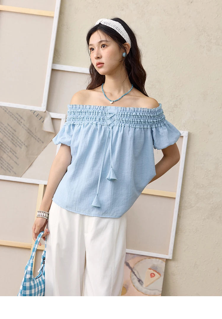 MISHOW Mist Blue One Shoulder Blouse Elastic Pleated Puff Sleeve MXE34X1796