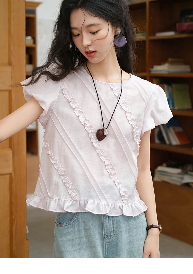MISHOW Fungus Edge Puff Sleeve Blouse O-Neck Loose MXE39X1941