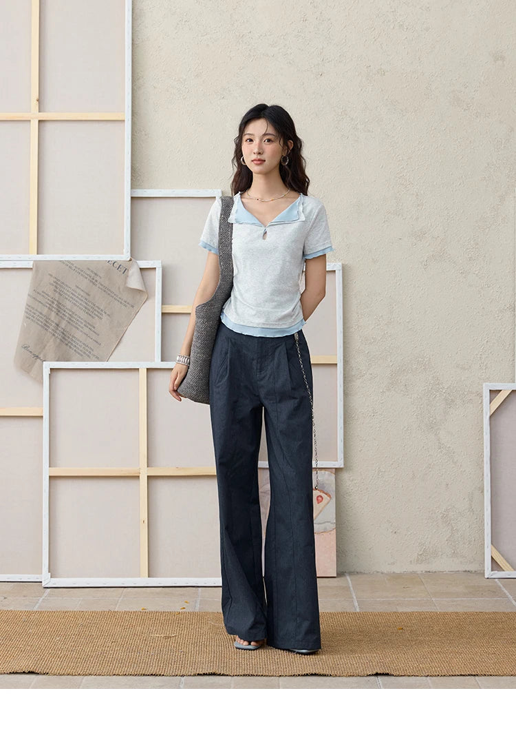 Mishow Grey Blue Fake Two-Piece Wavy Edge Tee MXE35T0567