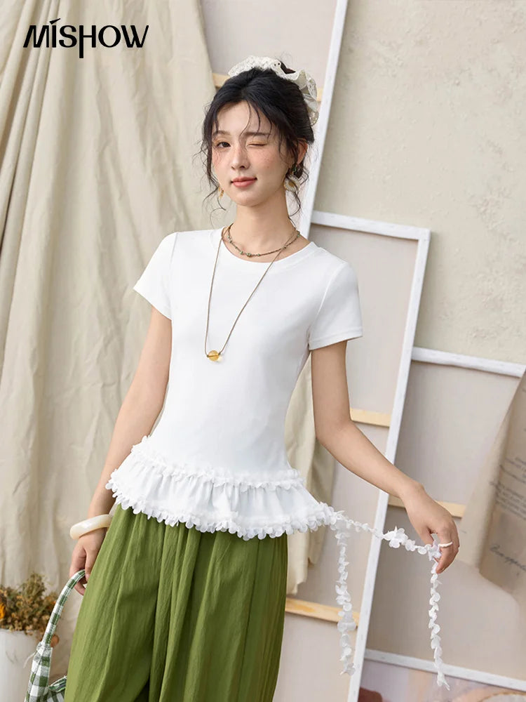 Mishow White Ruffled Tee with Red Lanyard Necklace MXE34T0557