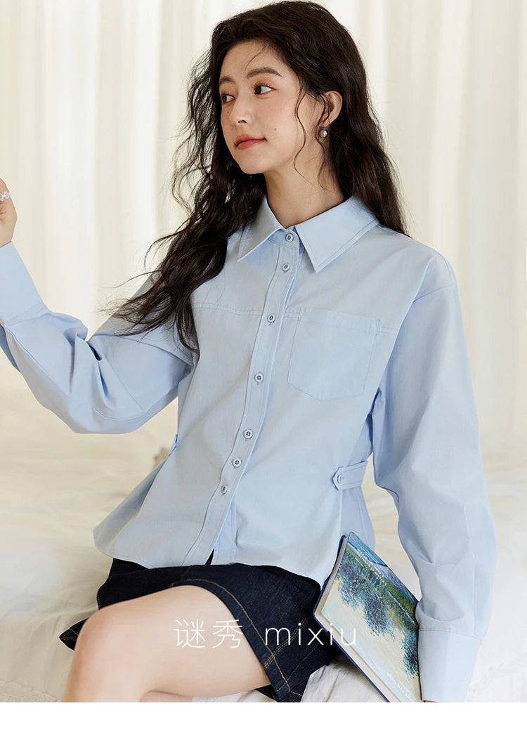 MISHOW Women's French Blue Shirt Polo Collar Waist Pocket MXE14C0753