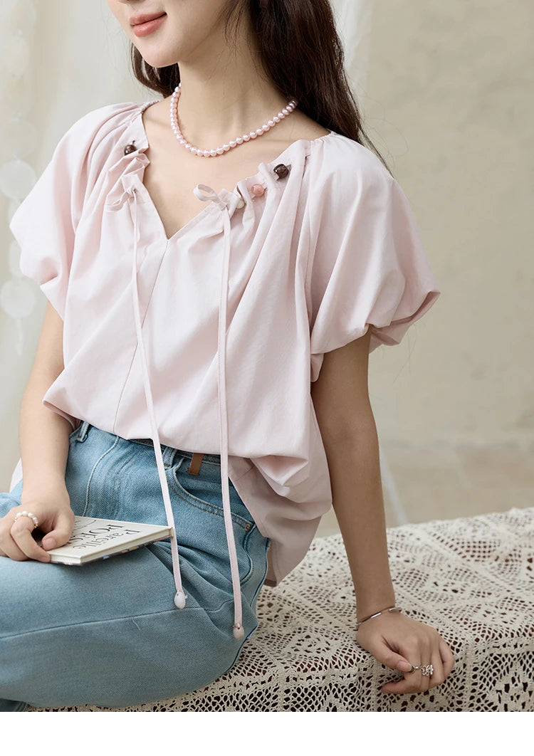 MISHOW V-Neck Puff Sleeve Blouse Beaded Retro Top MXE33X1757