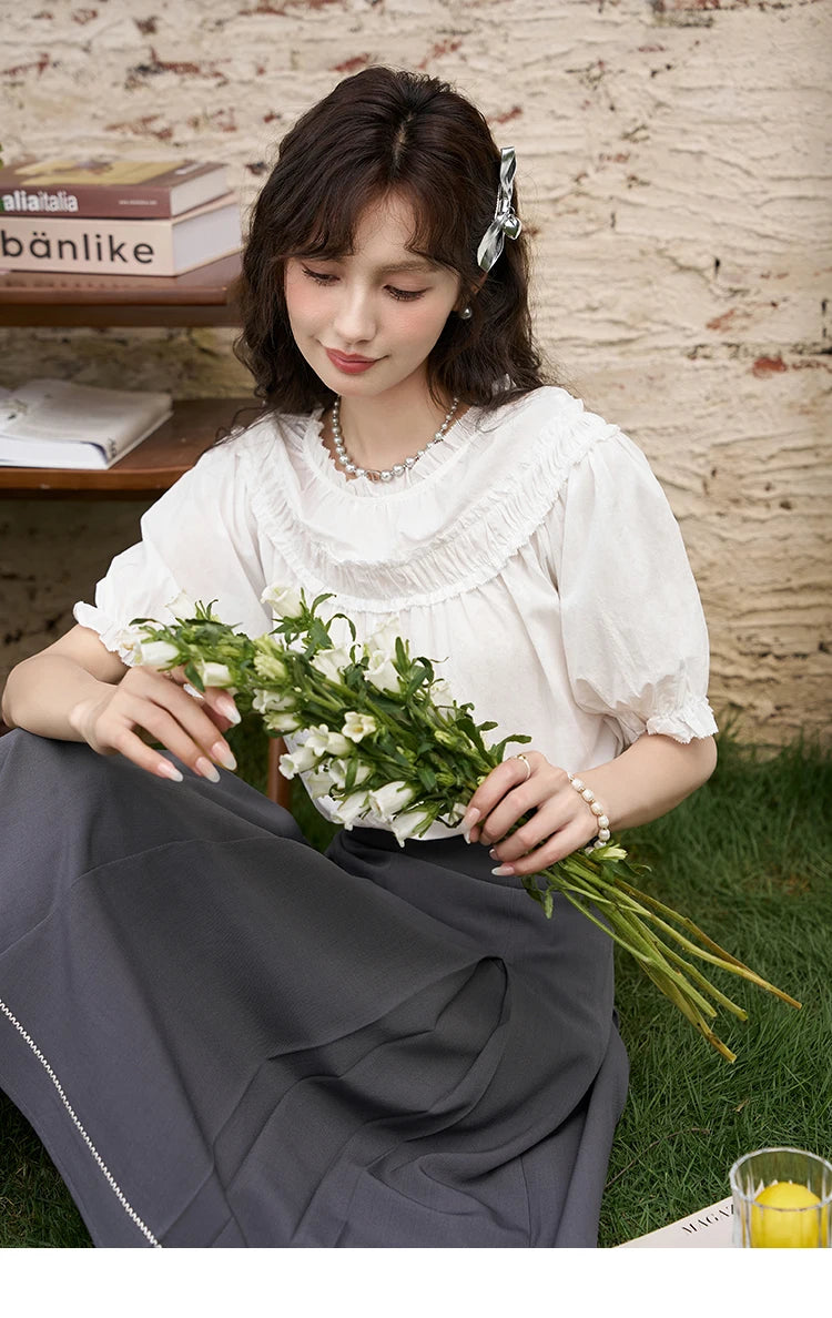 MISHOW French Cotton Bubble Sleeve Blouse Lace Collar MXD23X1500