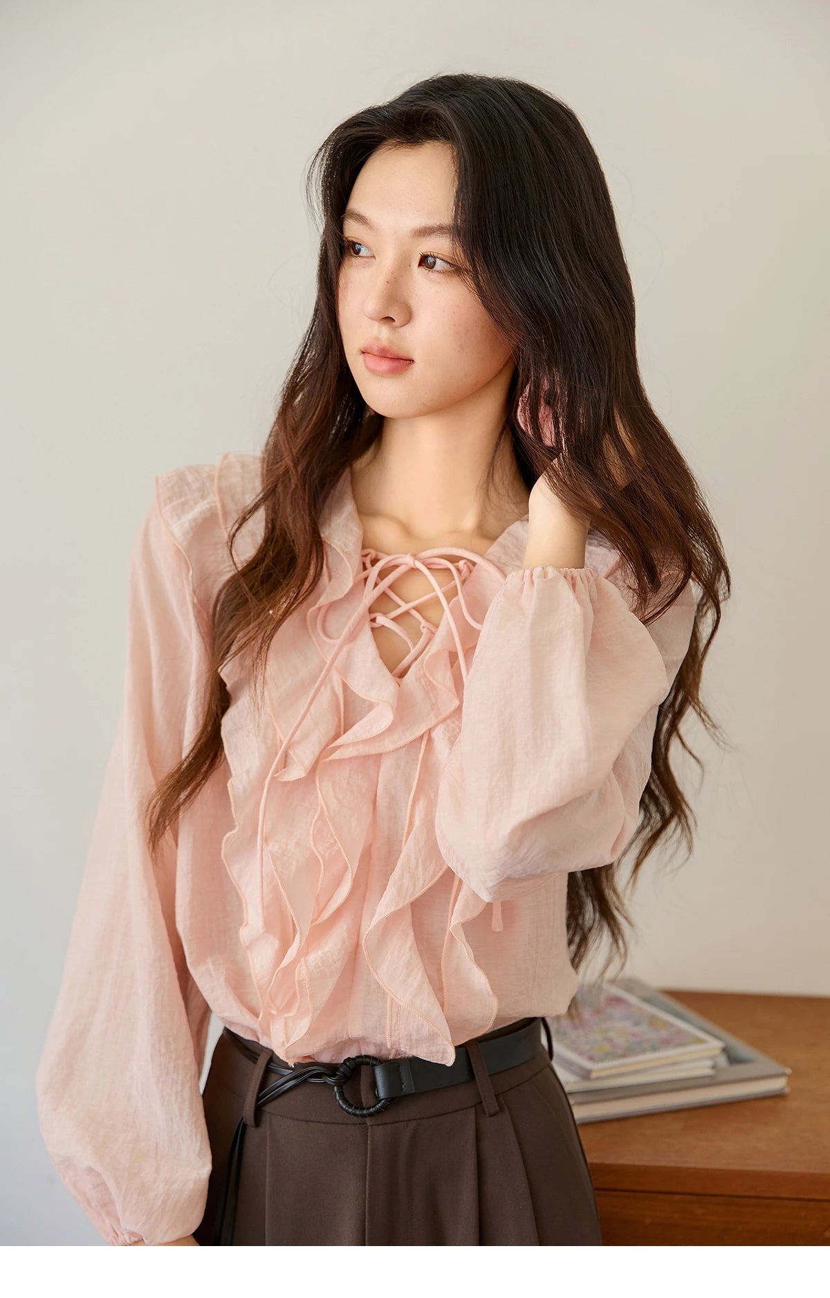 MISHOW Pink Ruffled Blouse V-Neck Lace Up Lantern Sleeve MXE49X2504