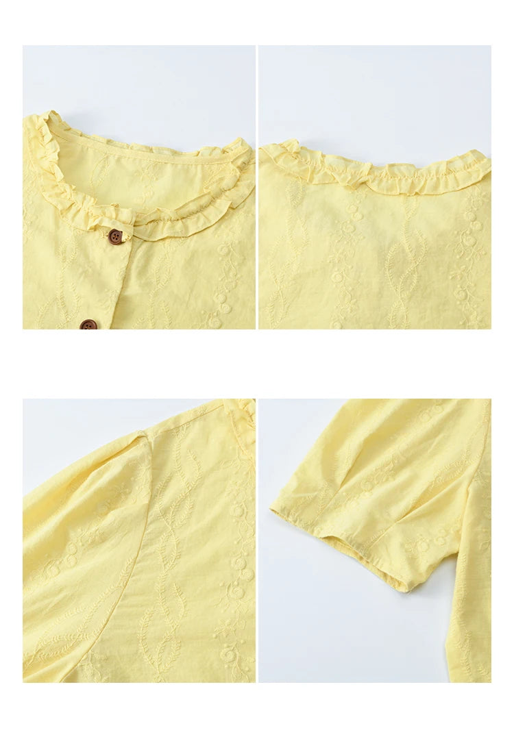 MISHOW 100% Cotton Puff Sleeve Shirt Round Neck Button MXE36X1873