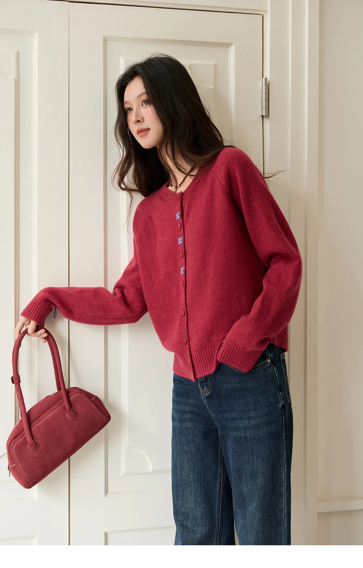 Mishow Red Round Neck Embroidered Cardigan MXE47Z2621