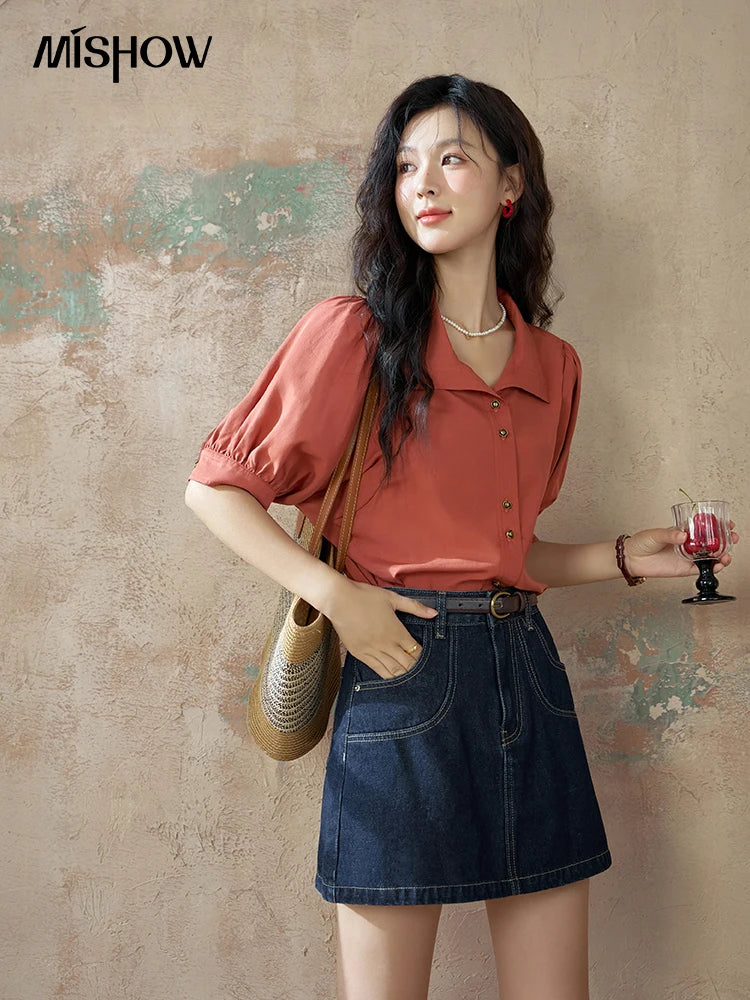 MISHOW Short Sleeve Blouse Lapel Simple Loose Fit MXD28C0247