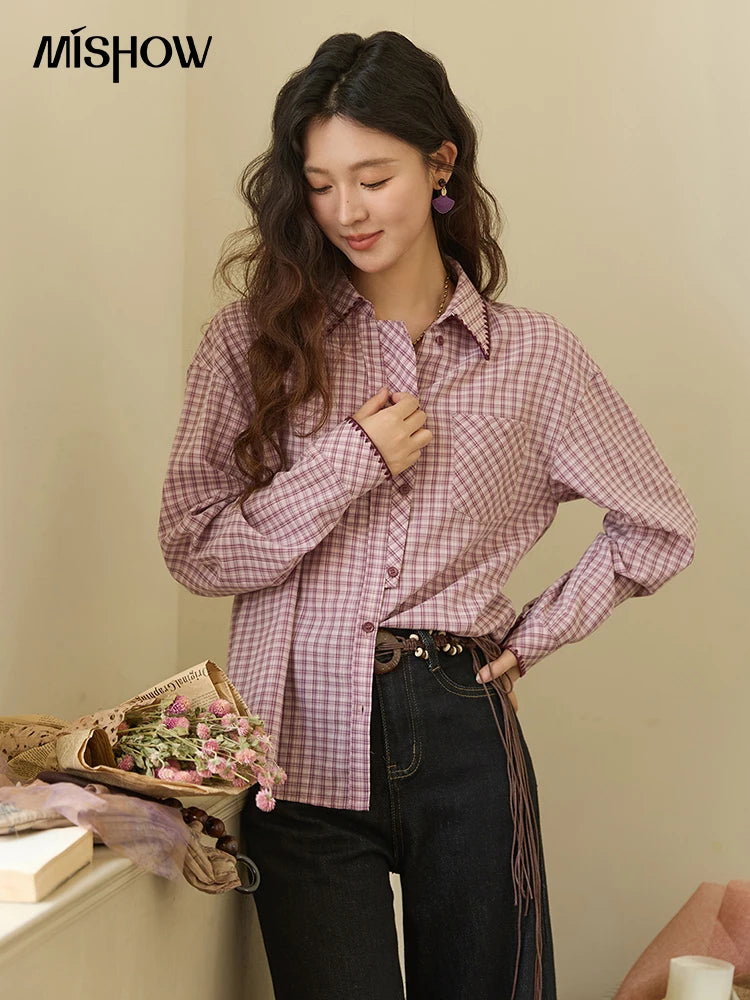 MISHOW Purple Plaid Shirt Contrast Embroidery Pocket MXE44C2394