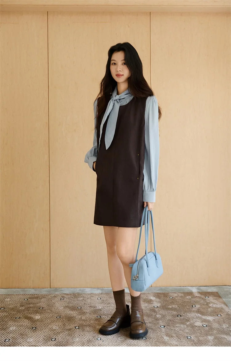 Mishow Light Blue Shirt & Brown Vest Skirt Suit MXE47T1408