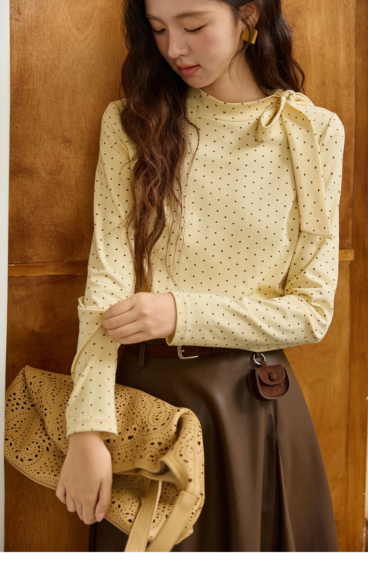Mishow Yellow Polka Dot Lace Up Collar Pullover MXE45Z1379