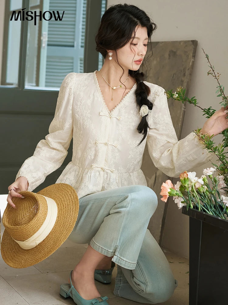 MISHOW Chinese Lace Blouse V-Neck Embroidery MXD14X1433