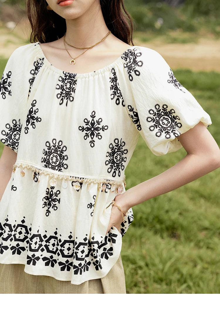 MISHOW Bohemian Print Blouse Short Puff Sleeve Square Collar Shell Ribbon MXE35X1817