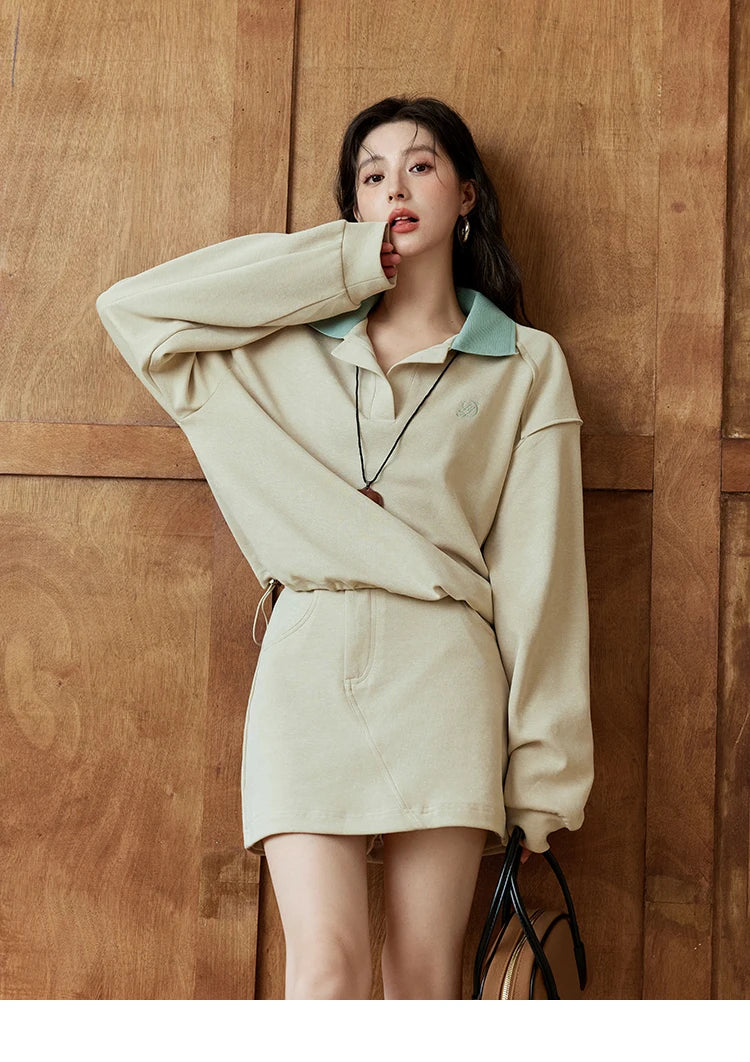 Mishow Polo Neck Sweatshirt & Contrast Letter Skirt Set MXD44V0097