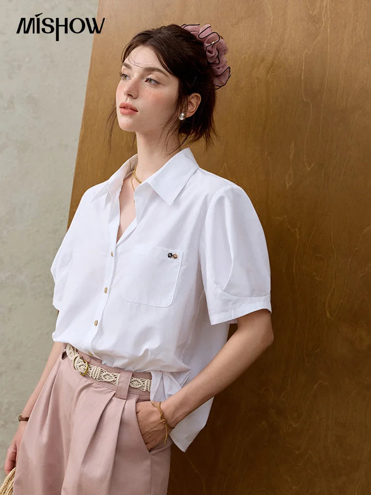 MISHOW French Turn-Down Collar Short Sleeve Solid Blouse MXE33C0778