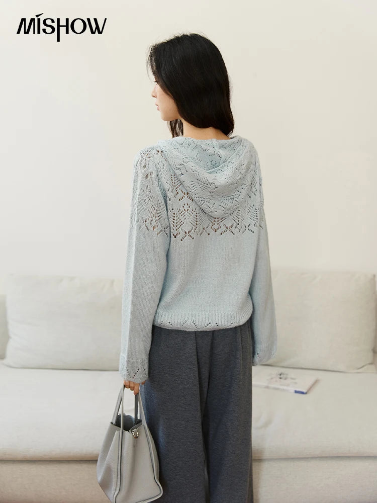 Mishow Blue Hooded Hollow Knit Zipper Cardigan MXE46Z2584