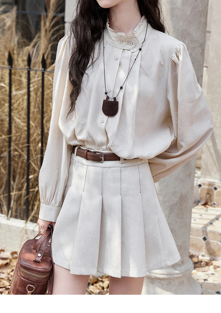 Mishow French Apricot Stand Collar Shirt & Pleated Mini Skirt Set MXD48C0365