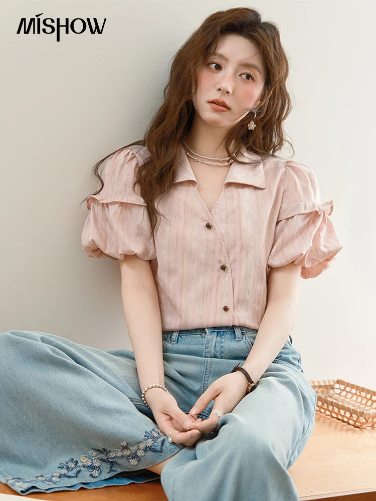 MISHOW Puff Sleeve Striped Shirt Turn-Down Collar Retro MXE37C0808