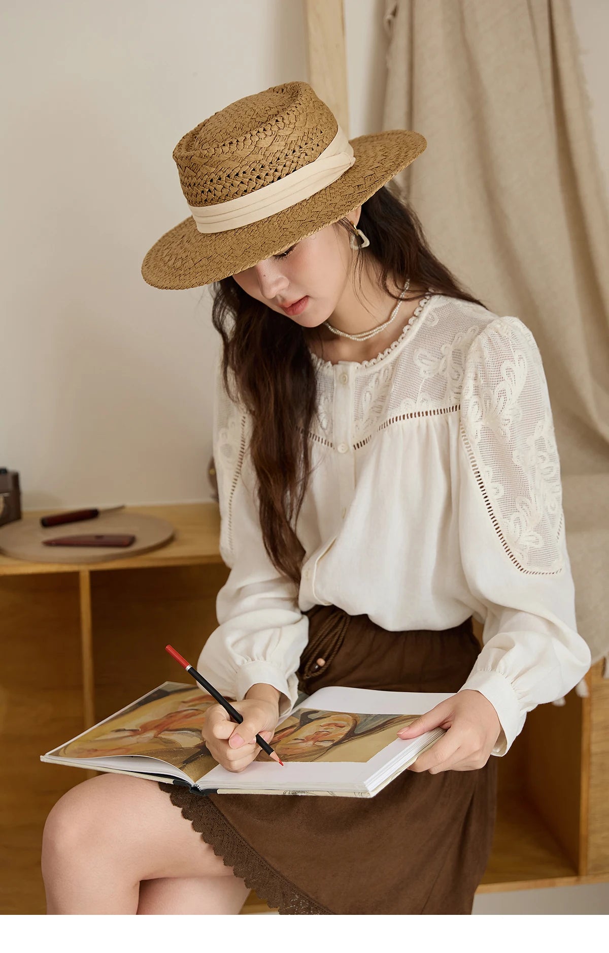 MISHOW Beige Hollow Out Embroidery Shirt O-Neck MXE44X2498