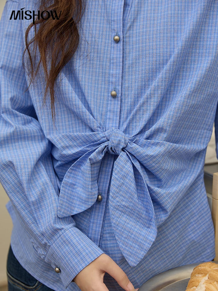 MISHOW Blue Plaid Cotton Shirt Bow Tie Waist Dropped Sleeve MXE44C2395