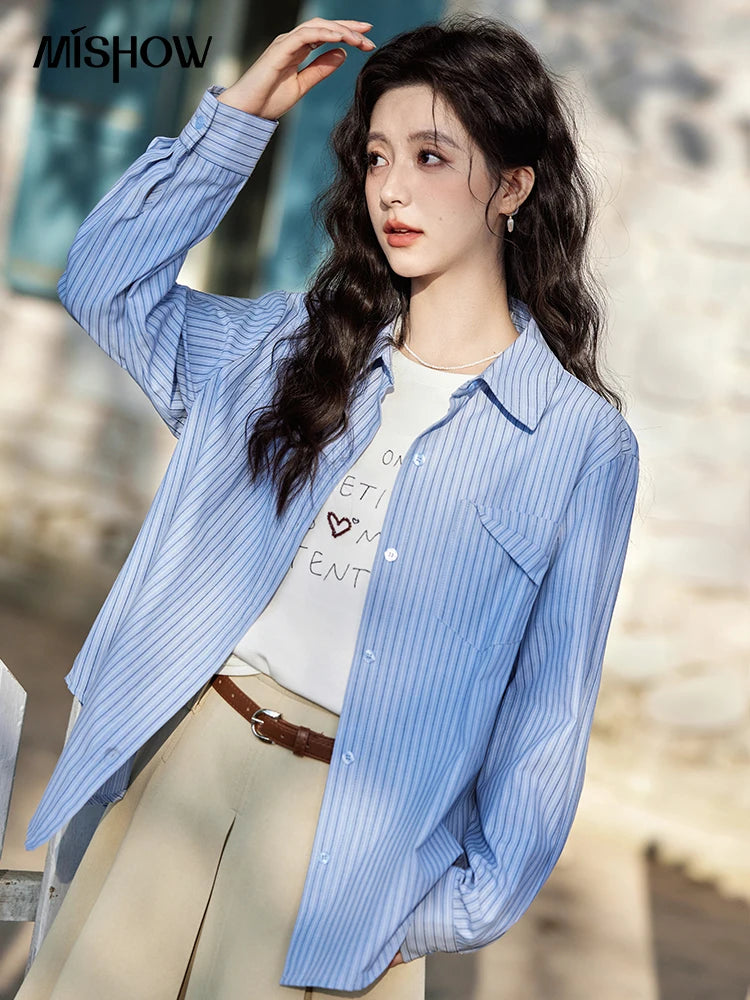 MISHOW Blue Striped Shirt Pocket Turn-Down Collar MXE11C0399
