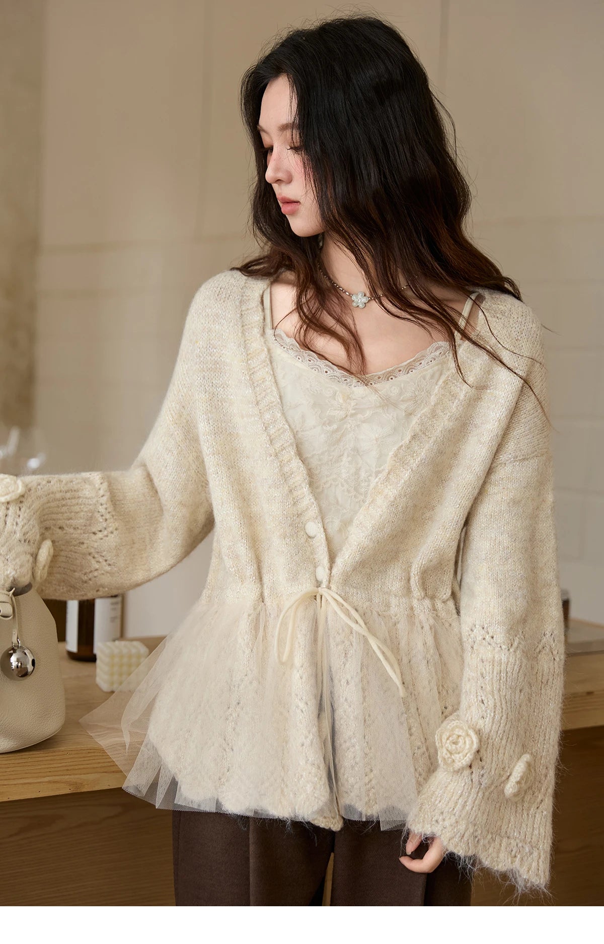 Mishow Apricot Mesh Flower Drawstring Cardigan MXE88Z2707
