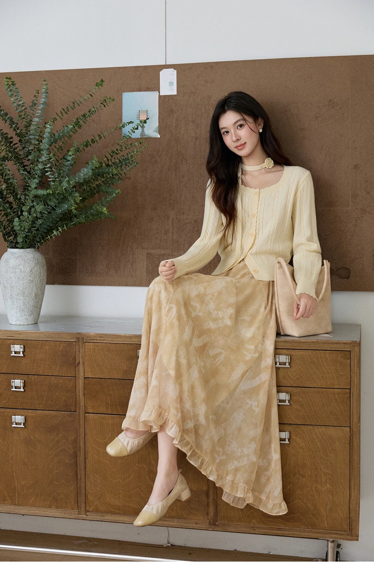 Mishow Beige Cable Knit Square Neck Cardigan MXF11Z2903