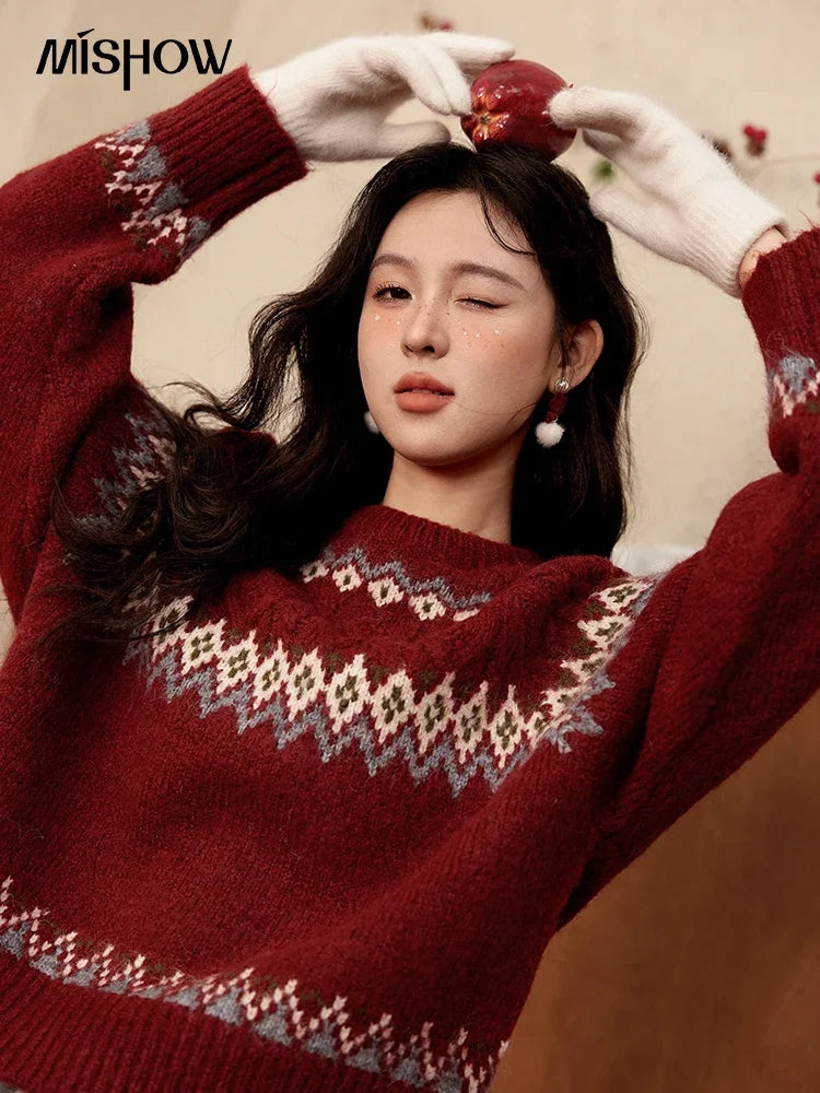 Mishow Red Fair Isle Raglan Sleeve Sweater MXD58Z1035