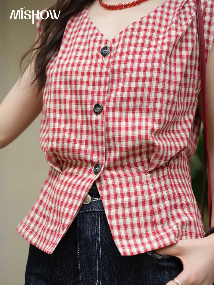 MISHOW Red Plaid V-Neck Shirt Button Front MXE37X1921