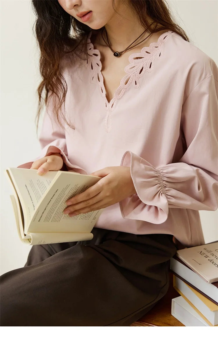 MISHOW French Style Hollow Out V-Neck Pink Blouse Long Sleeves MXE48X2502