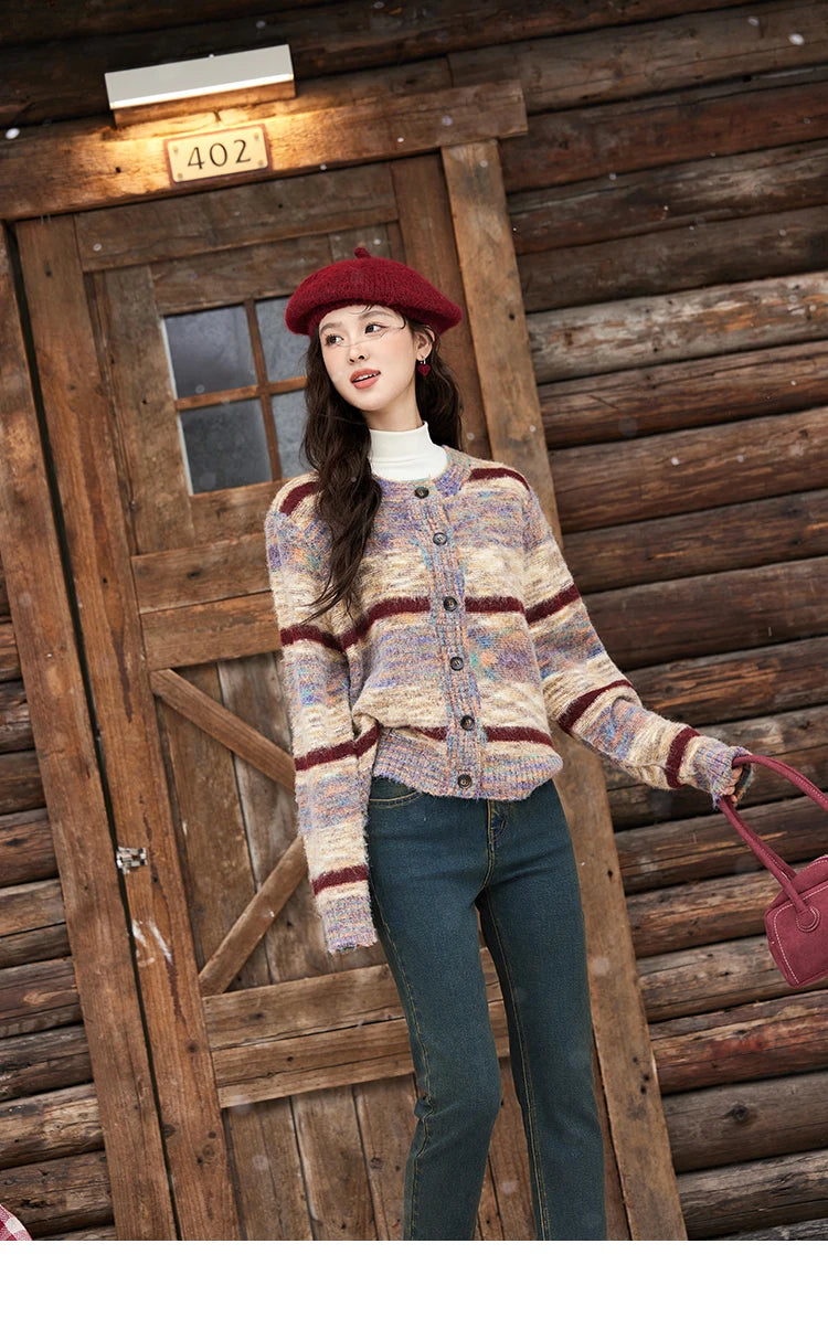 Mishow Striped Contrast Color O-Neck Cardigan MXD59Z1061