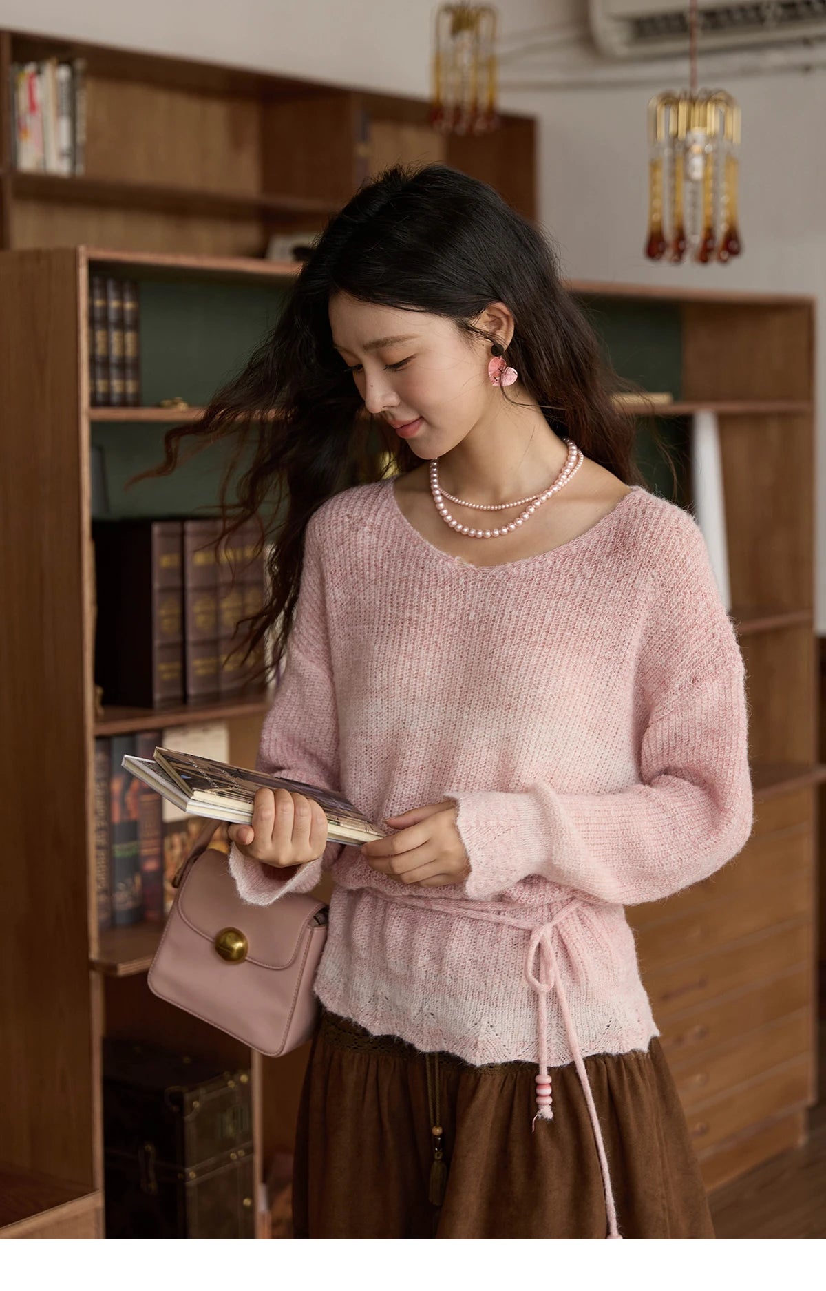 Mishow Pink Gradient Ribbed Cuff Sweater with Rope MXE43Z1334