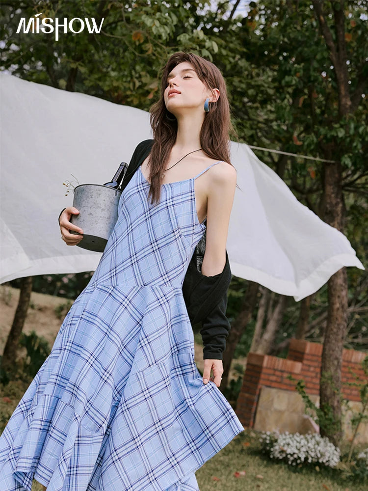 Mishow Blue Plaid Sleeveless A-Line Dress MXE33L2260