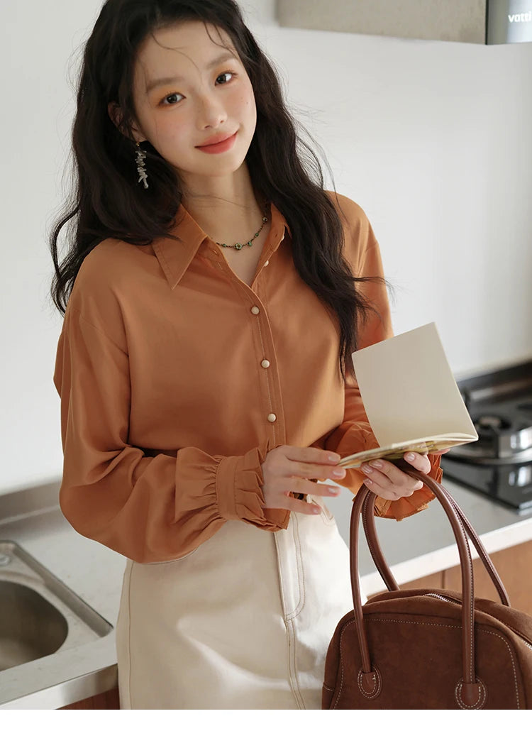 MISHOW Women's Color Block Shirt Pleated Cuffs Lapel Top MXE41C2352