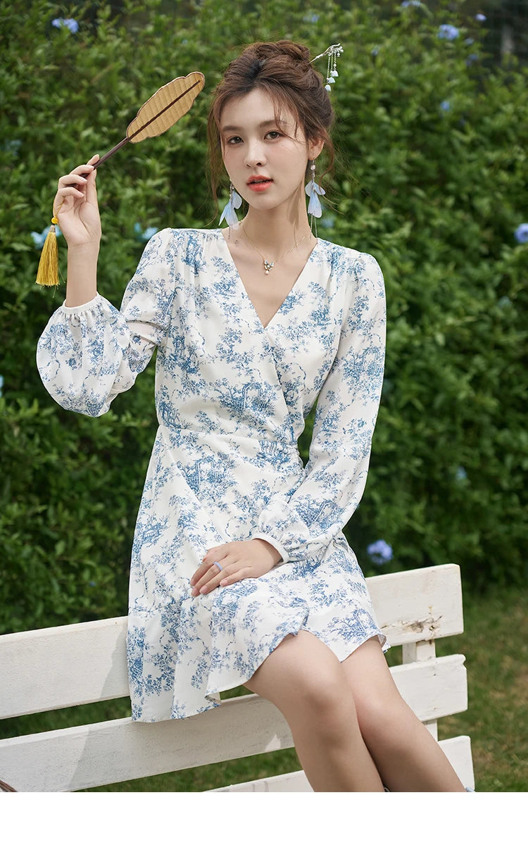 MISHOW French V-Neck Blue Porcelain Print Dress MXD15L1673