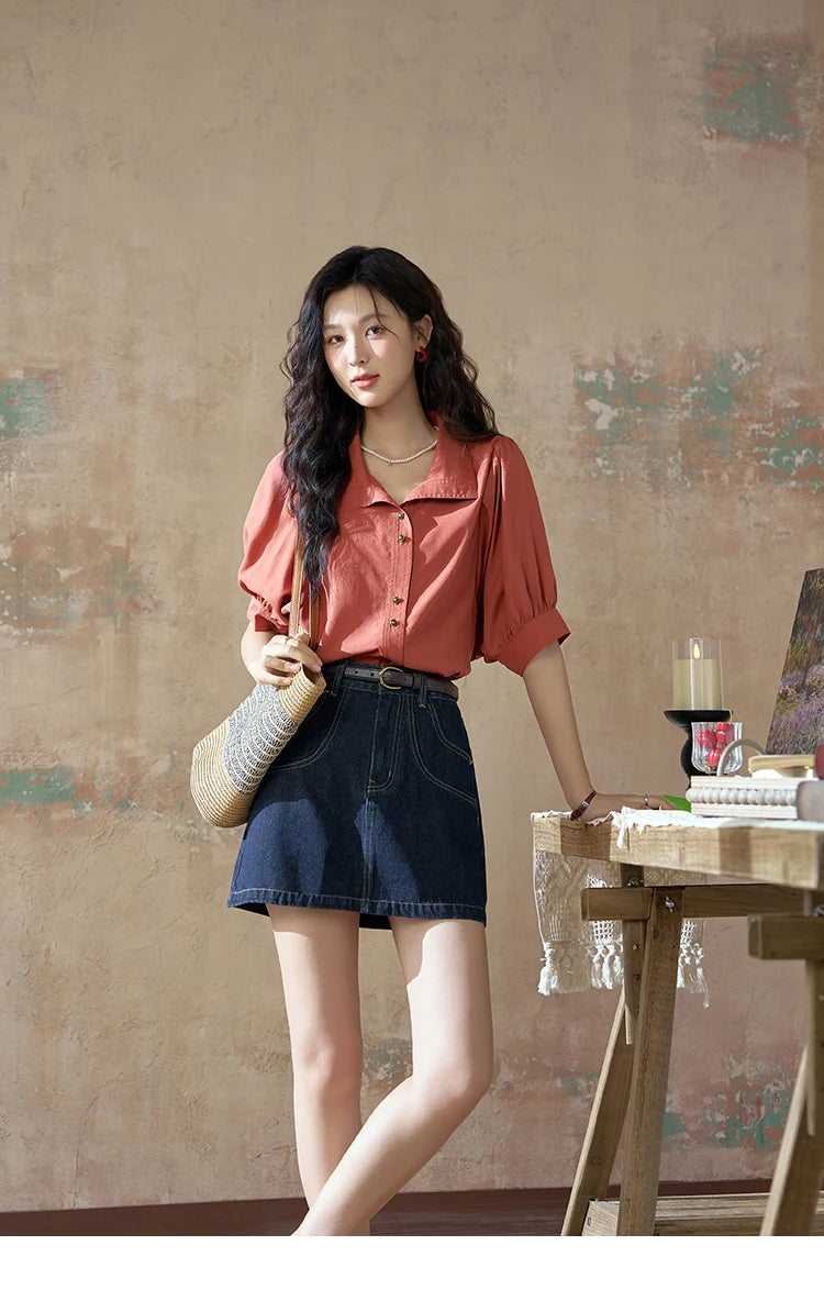 MISHOW Short Sleeve Blouse Lapel Simple Loose Fit MXD28C0247
