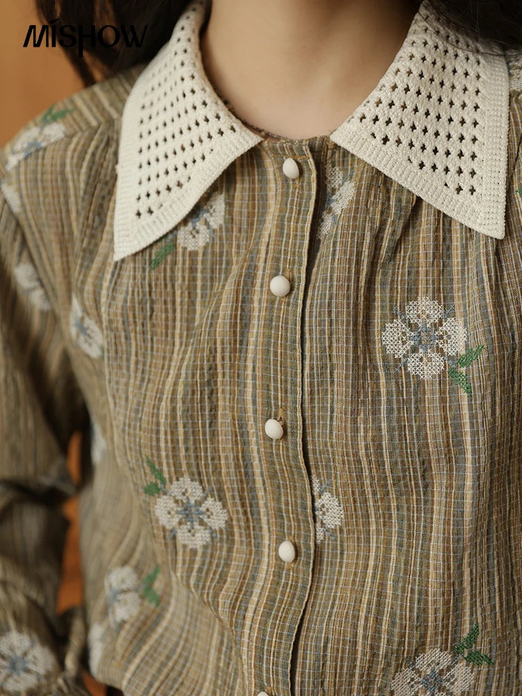 MISHOW Embroidered Shirt Hollowed Out Woven Lapel Lace Cuffs MXE44C2393