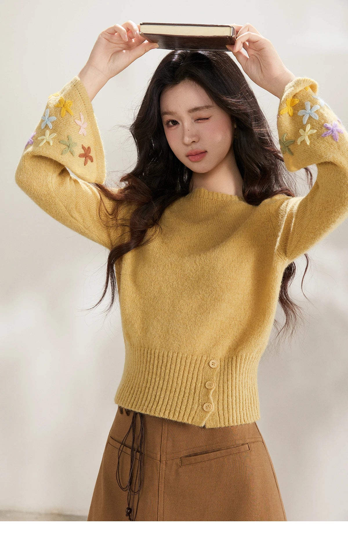 Mishow Yellow Floral Embroidered Boat Neck Flare Sleeve Top MXE94Z2864