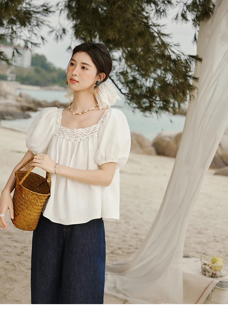MISHOW Square Collar Puff Sleeve Blouse Lace Splicing MXE32X1780
