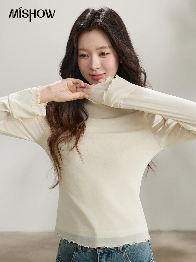 Mishow Ruffled Crew Neck Mesh Tee MXF11Z2914