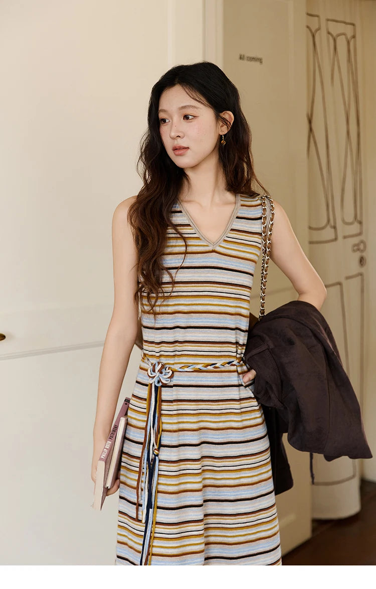 Mishow Striped V-Neck Tied Waist Long Dress MXE46L2521