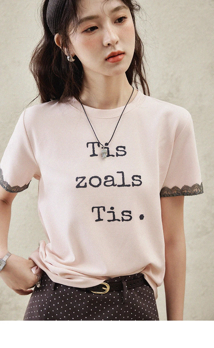 Mishow Pink Letter Print Lace Trim Tee MXE32T0529