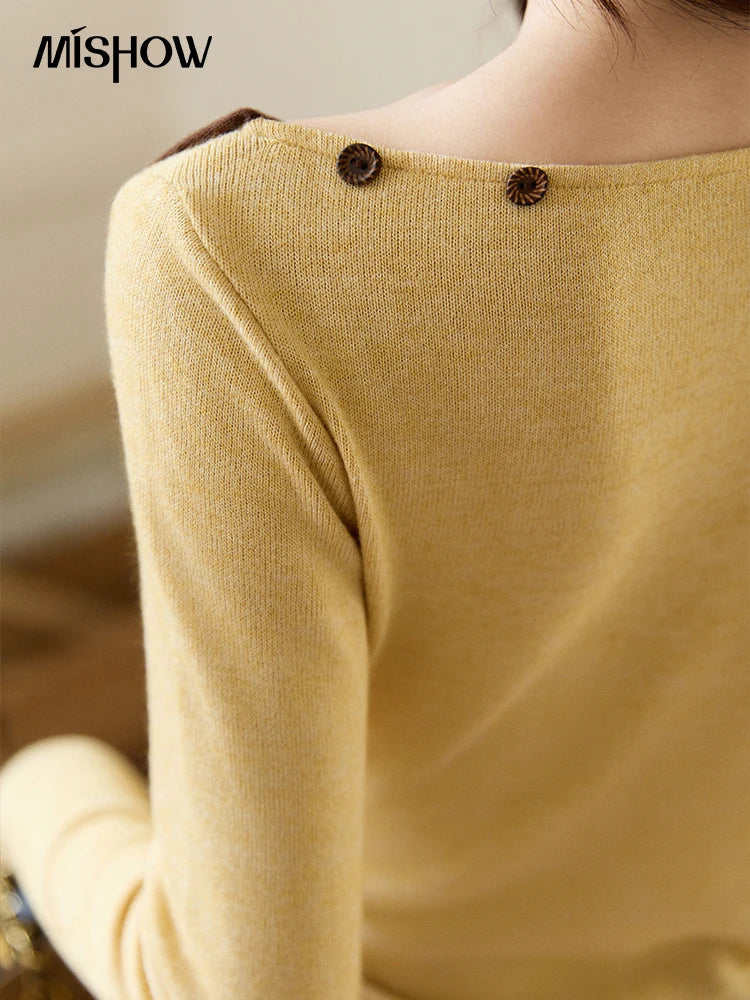 Mishow Yellow Brown Contrast Oblique Collar Knit Top MXF11Z2911