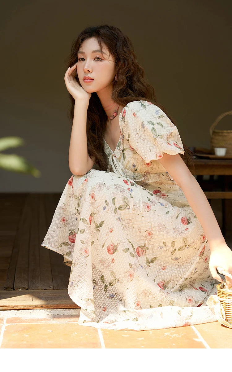 Mishow French A-Line Ruffled V-Neck Puff Sleeve Dress MXC33L1465