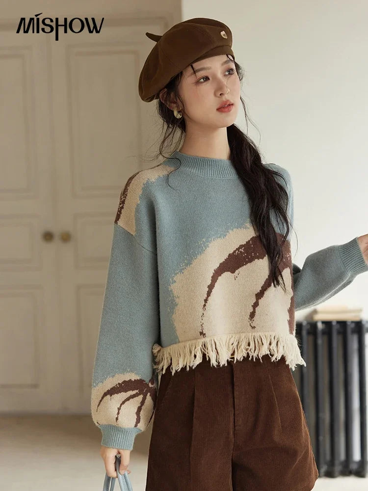 Mishow Tassel Half High Neck Lantern Sleeve Pullover MXD43Z0680