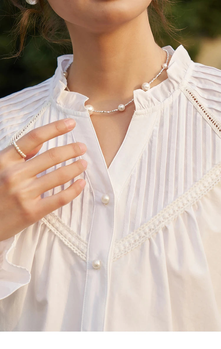 MISHOW French Pleated V-Neck Shirt Petal Patchwork Ruffle Sleeve MXD13X1354