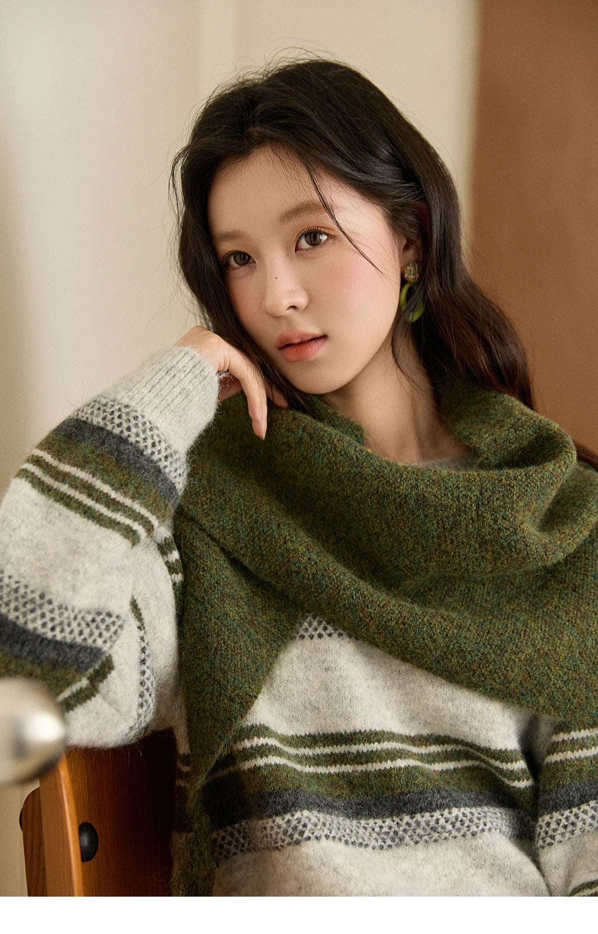 Mishow Wool Blend Retro Striped Sweater with Scarf MXE94Z2987