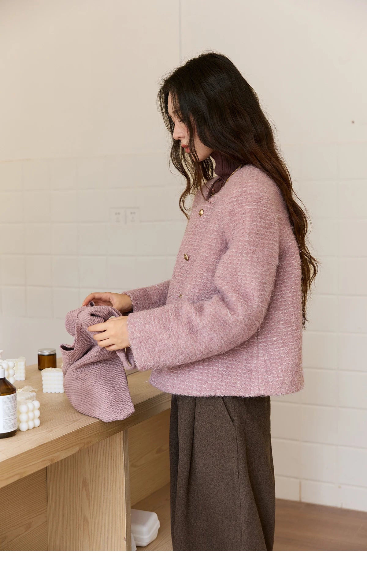 Mishow Purple Double-Breasted Tweed Wool Coat MXE88W0881