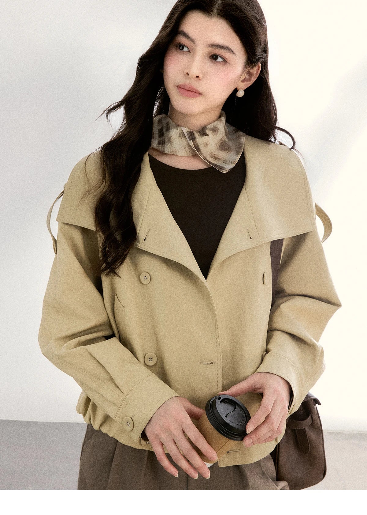 MISHOW Khaki Cropped Leather Jacket Lapel Stand Collar MXF108W1000