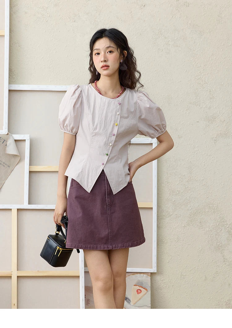MISHOW Bubble Sleeve Blouse Irregular Placket Rainbow Buttons MXE34X1782