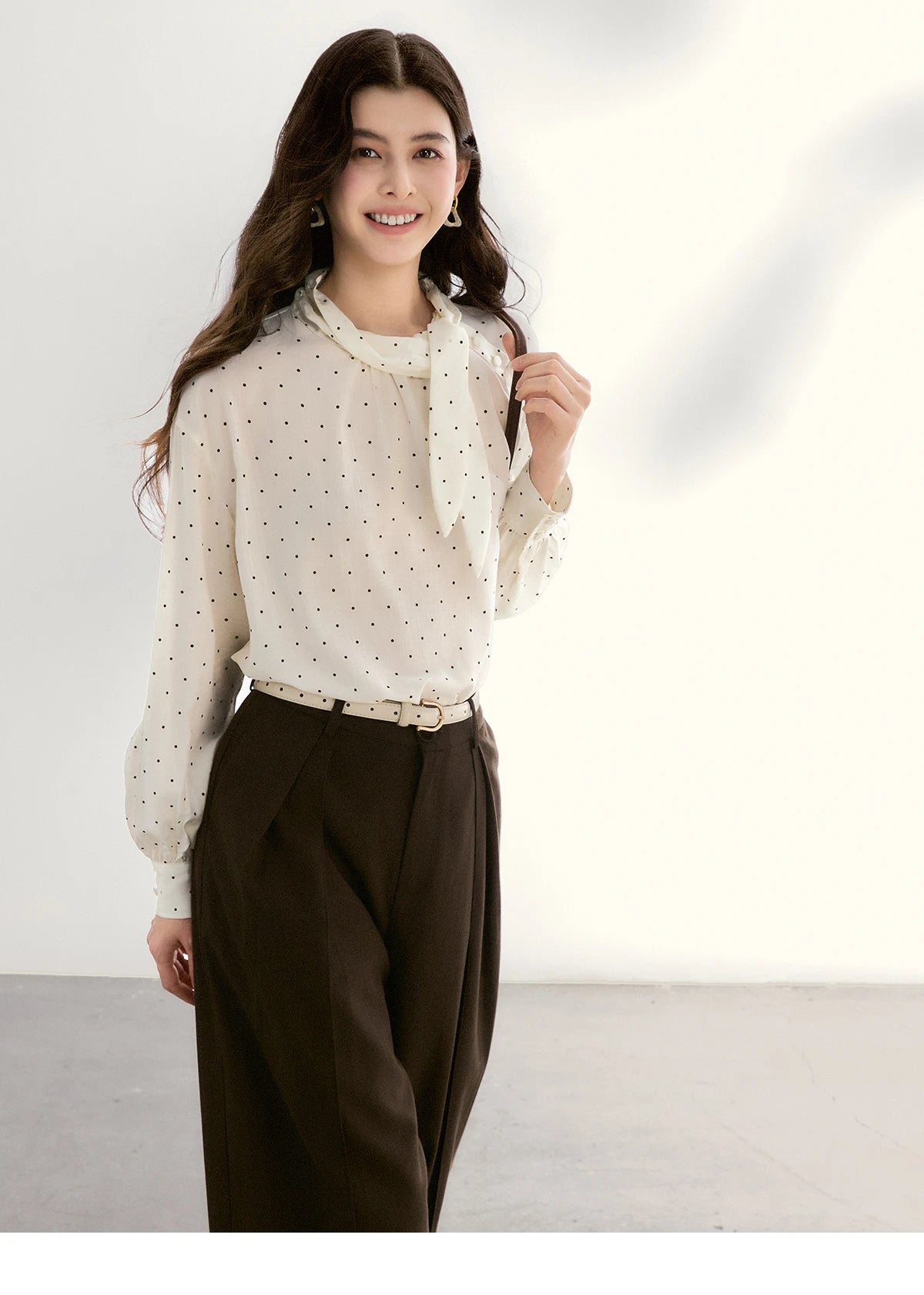 MISHOW White Polka Dot Blouse Bow Tie Neck Sheer MXF13X2531